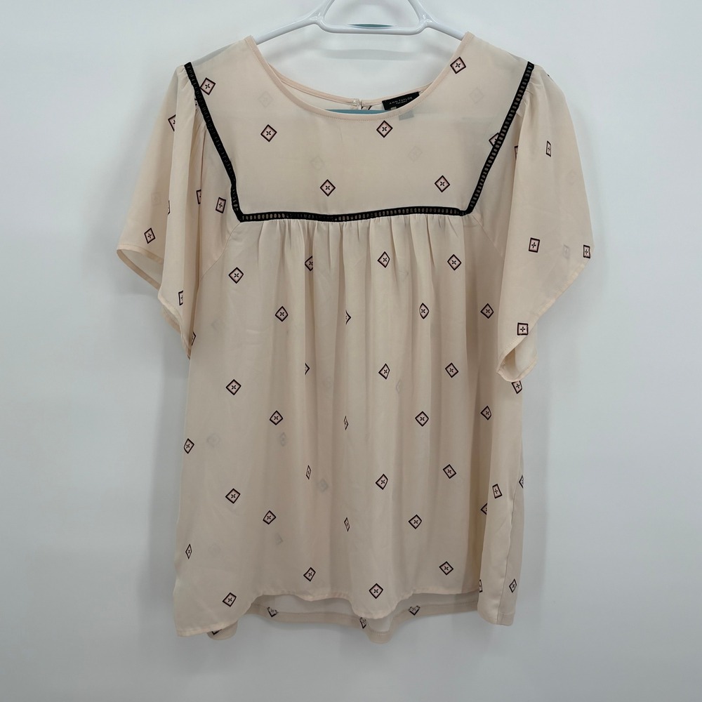 Ann Taylor Factory Womens Cream Geometric Print Flutter‎ Sleeve Blouse 612789 L
